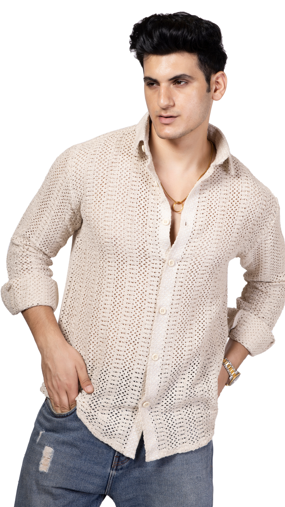 White Stripe Knitted Crochet Shirt