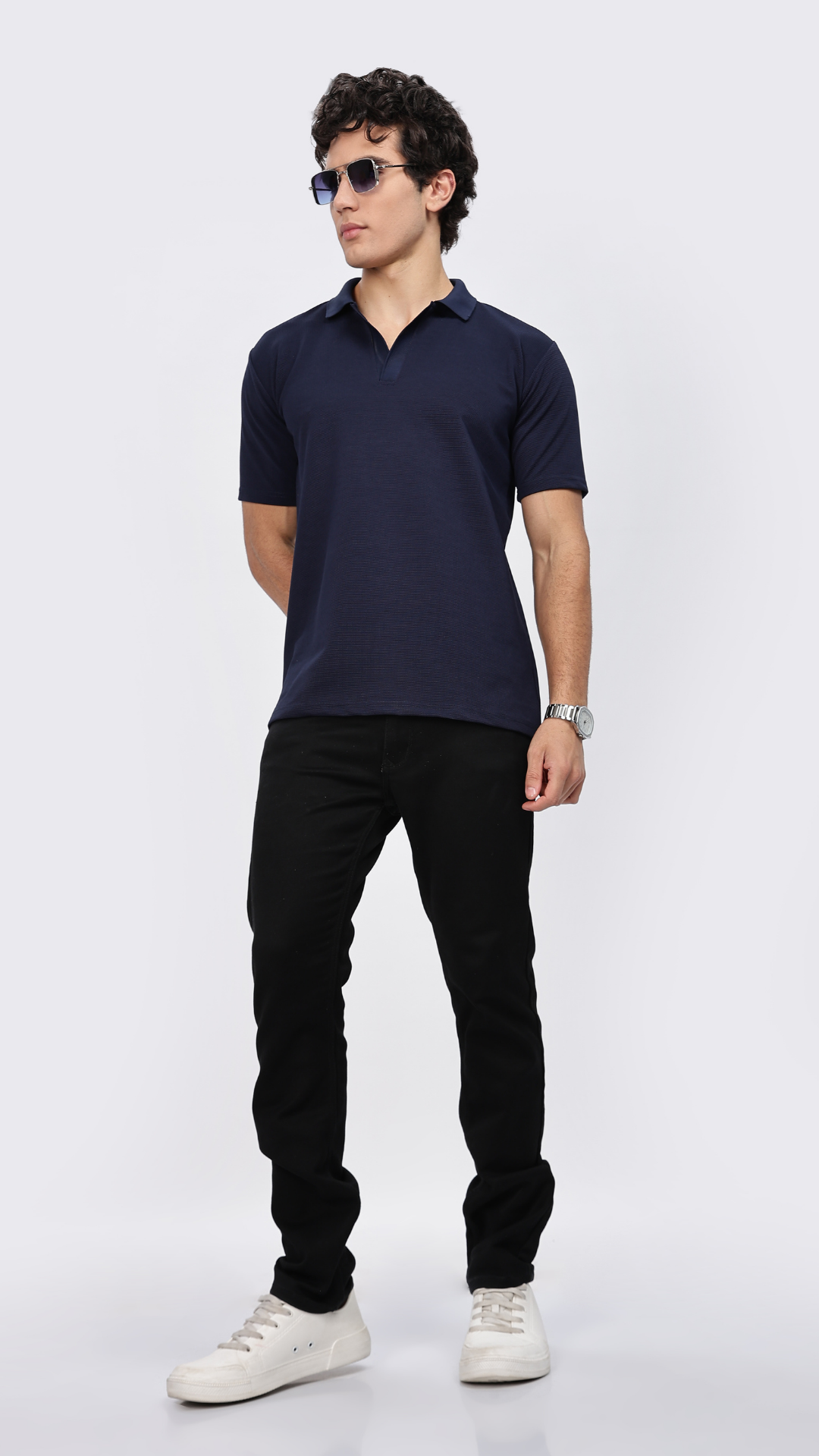 Navy Blue Textured Polo T-shirt