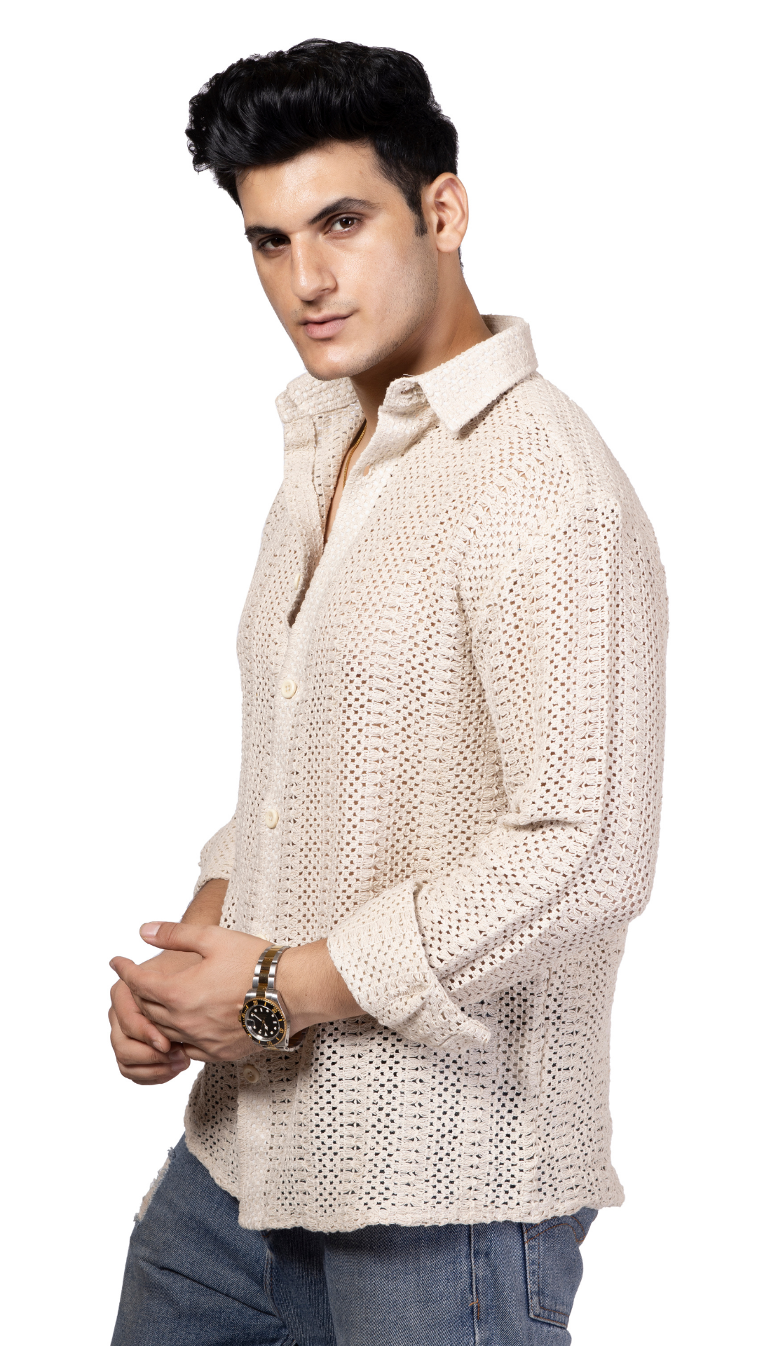 White Stripe Knitted Crochet Shirt