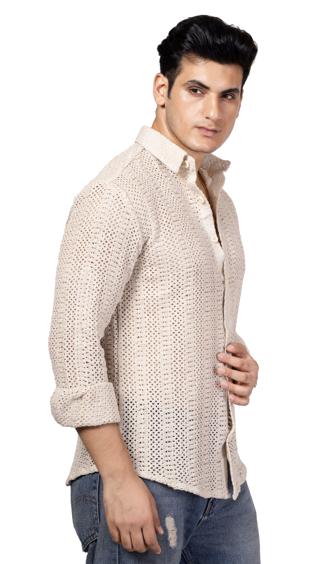 White Stripe Knitted Crochet Shirt