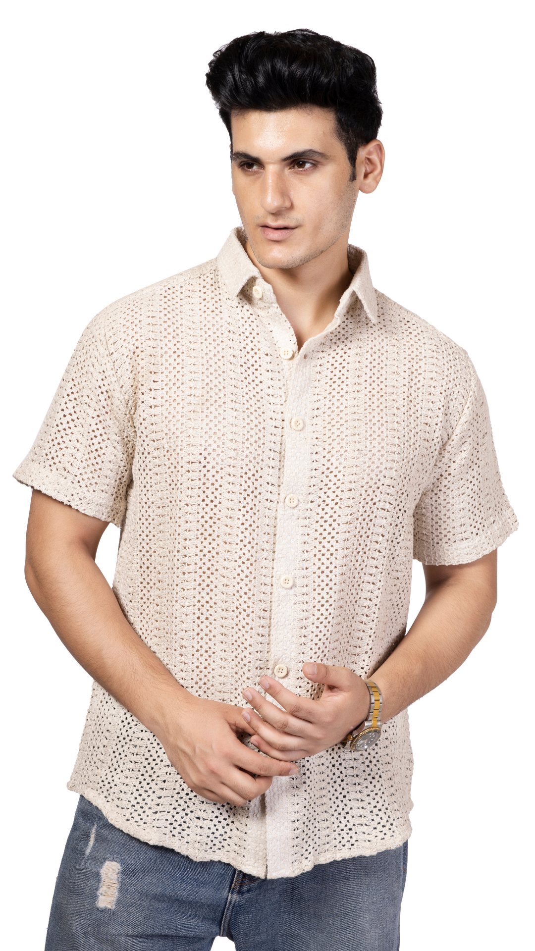 White Stripe Half Sleeves Knitted Crochet Shirt