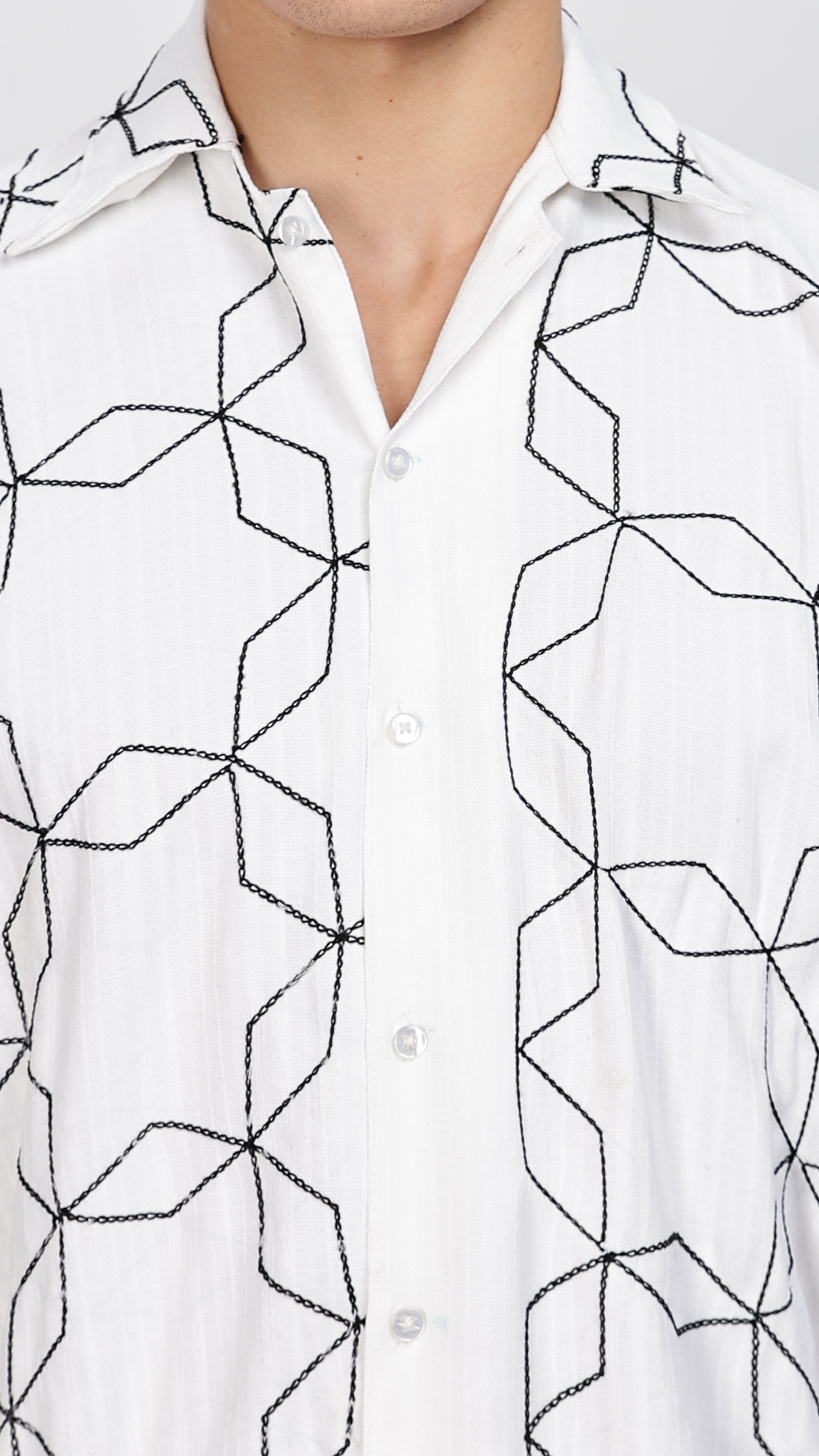 White Geometric Embroidery Shirt