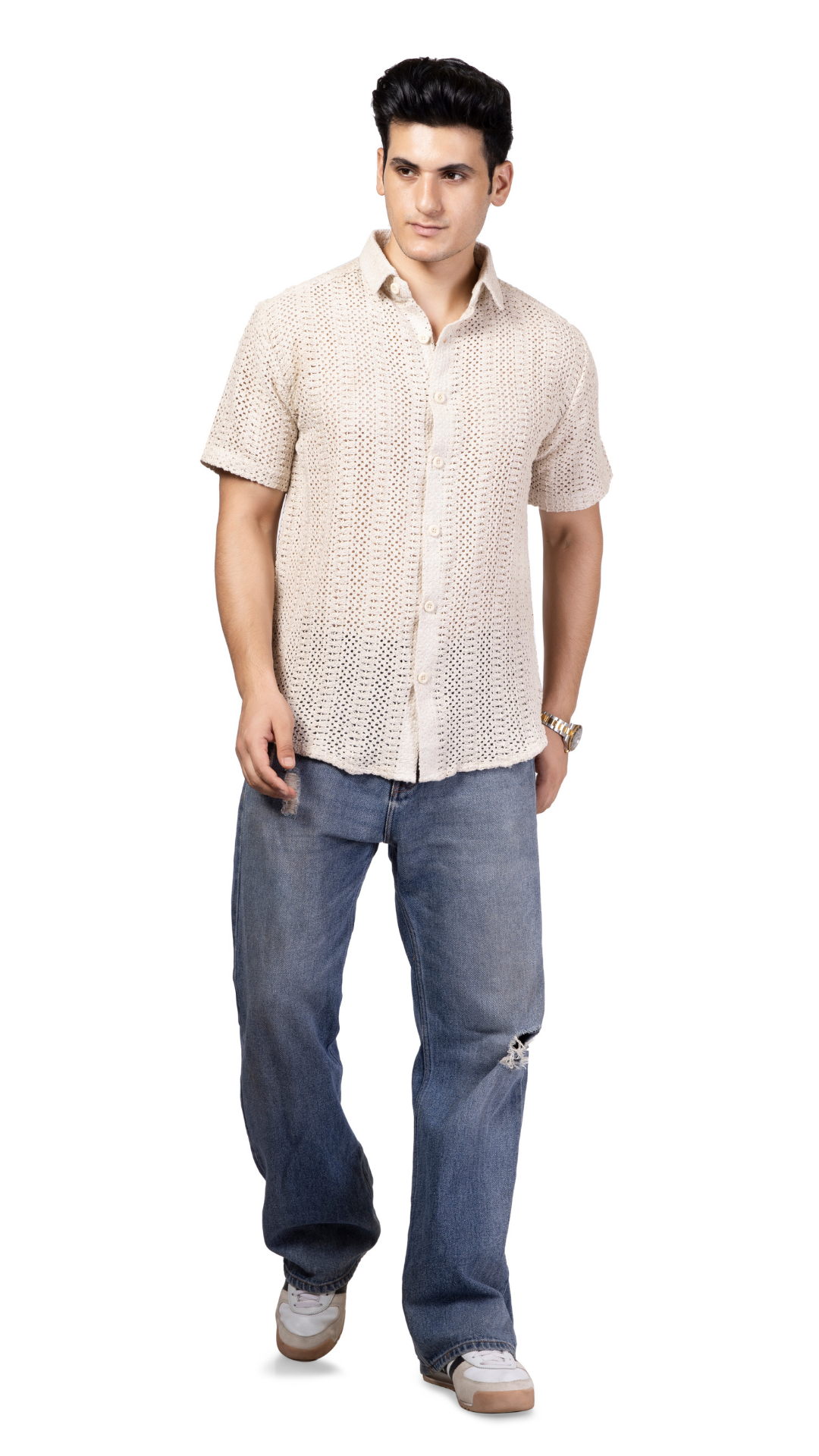 White Stripe Half Sleeves Knitted Crochet Shirt