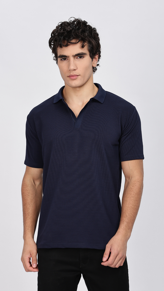 Navy Blue Textured Polo T-shirt