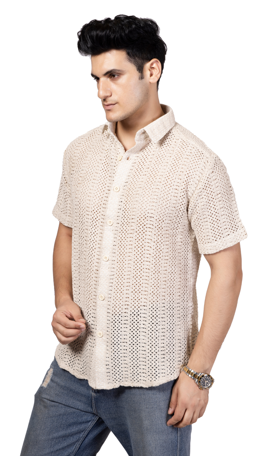 White Stripe Half Sleeves Knitted Crochet Shirt