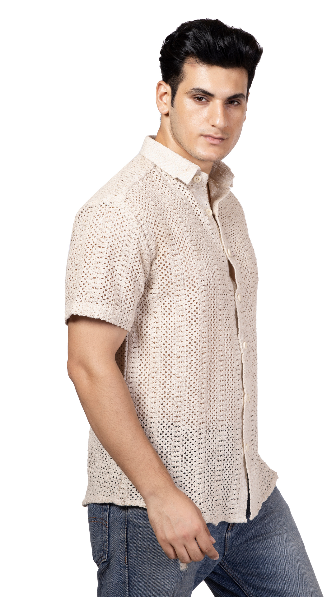 White Stripe Half Sleeves Knitted Crochet Shirt