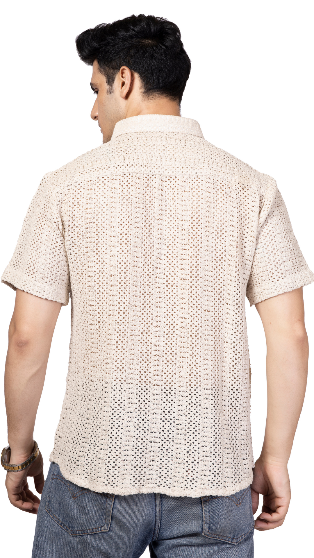 White Stripe Half Sleeves Knitted Crochet Shirt