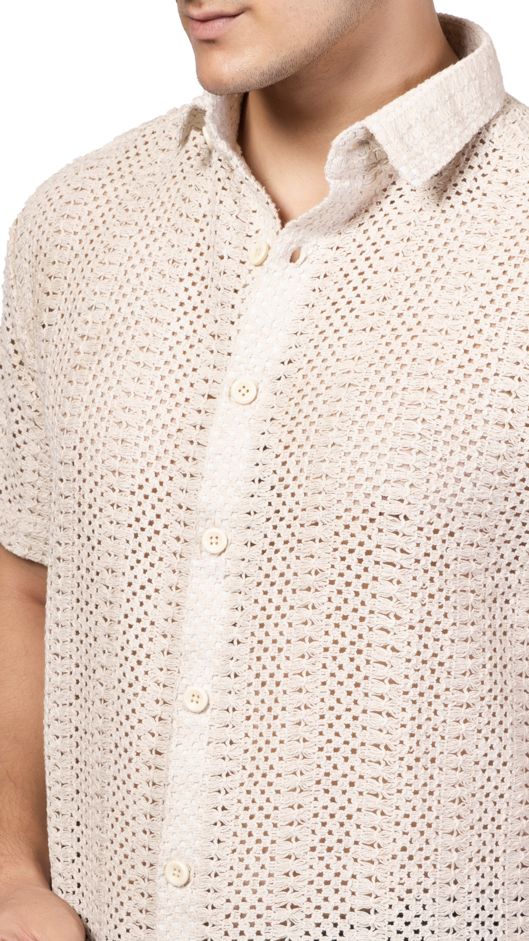 White Stripe Half Sleeves Knitted Crochet Shirt