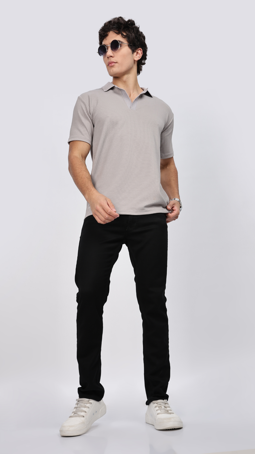 Grey Textured Polo T-shirt