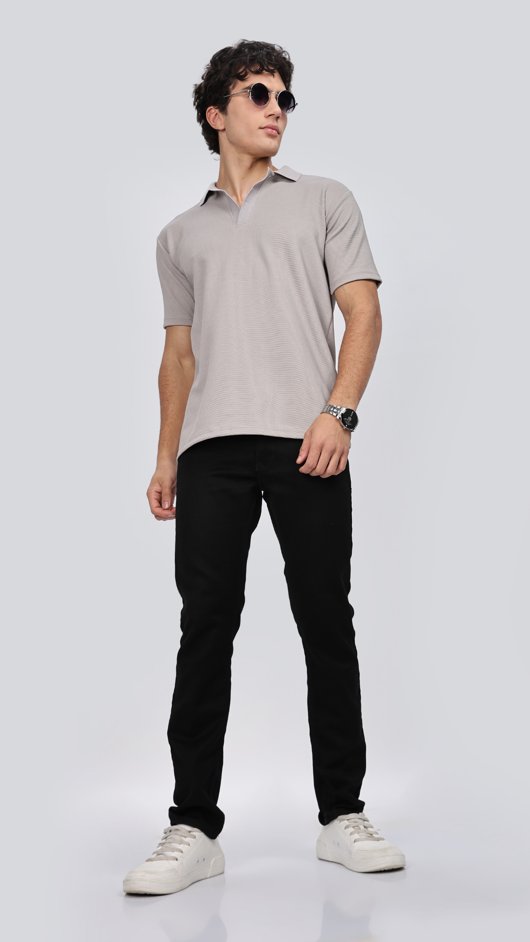 Grey Textured Polo T-shirt