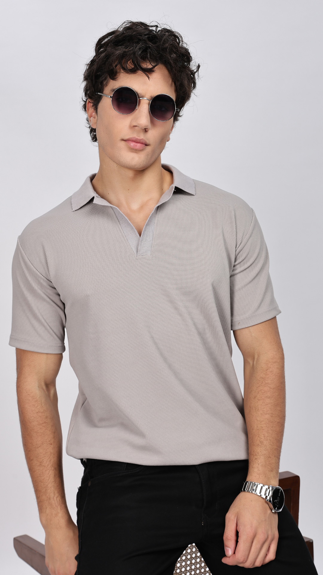 Grey Textured Polo T-shirt