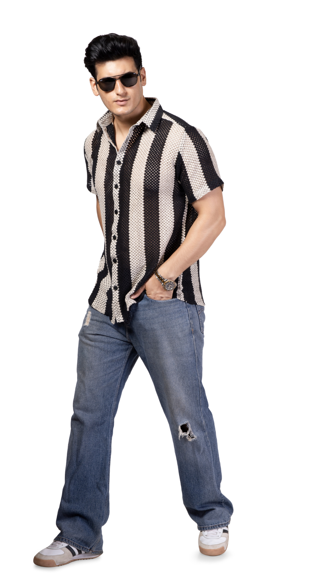 Black And White Big Stripe Half Sleeve Crochet Shirt