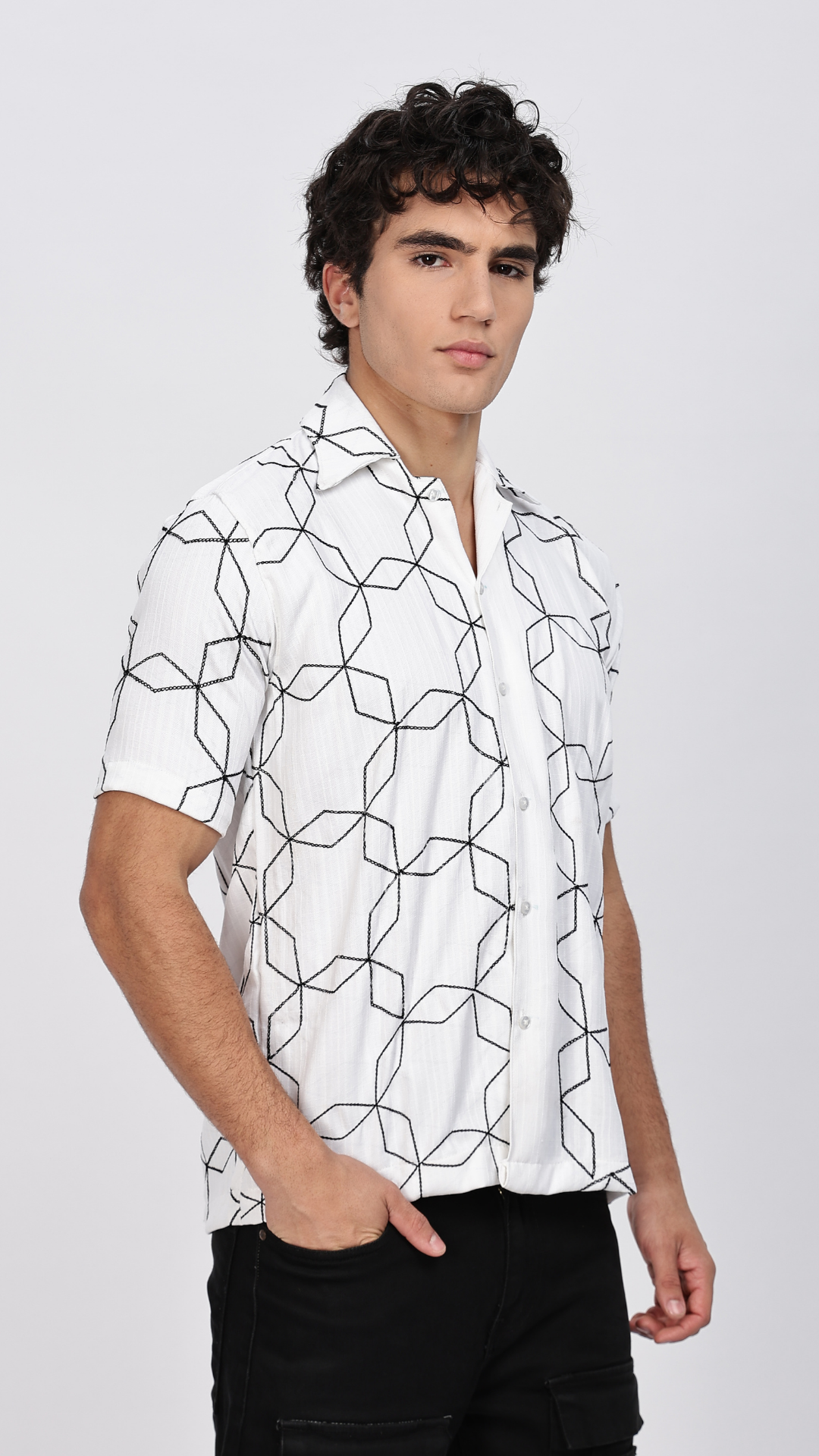 White Geometric Embroidery Shirt