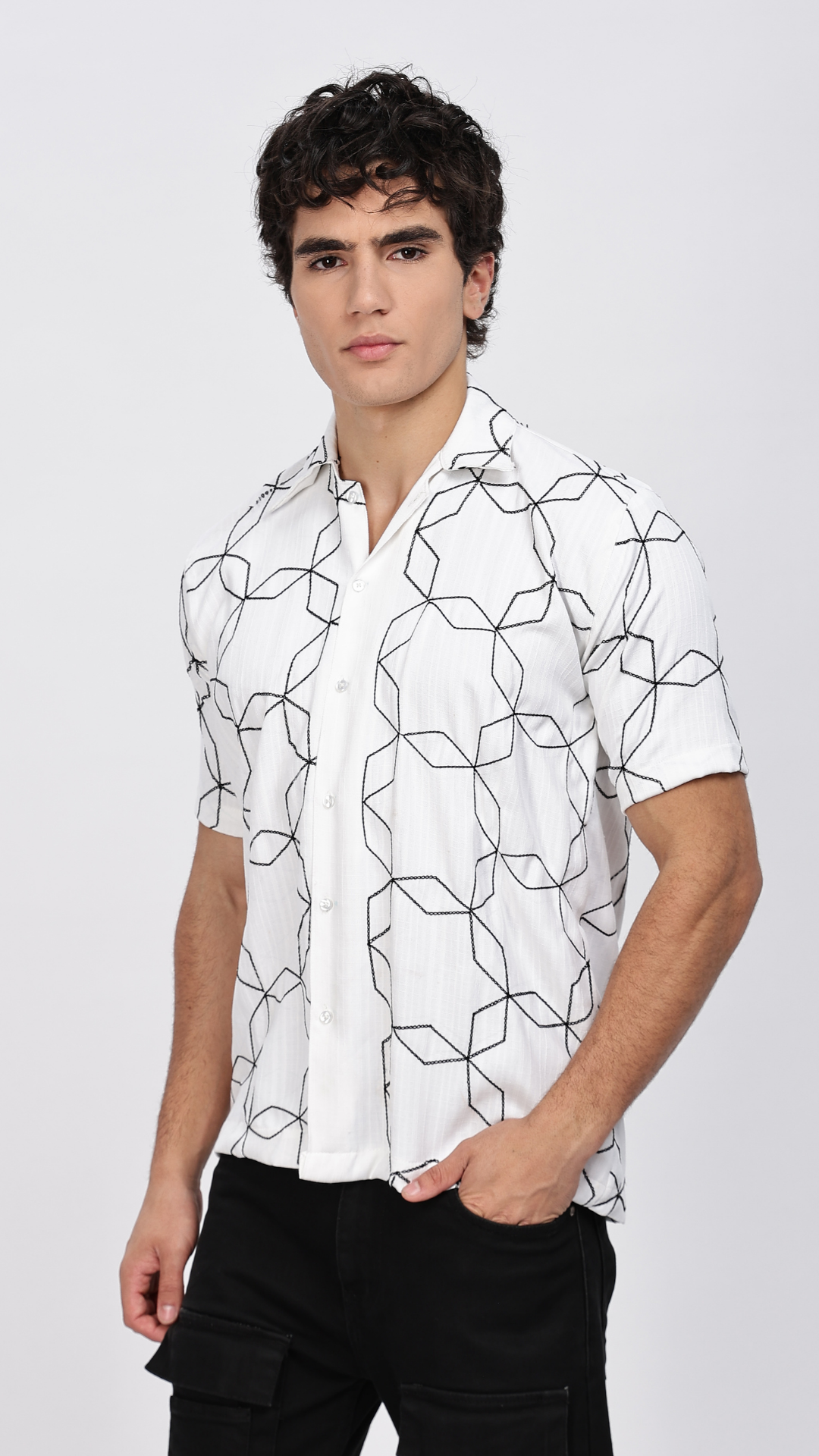 White Geometric Embroidery Shirt