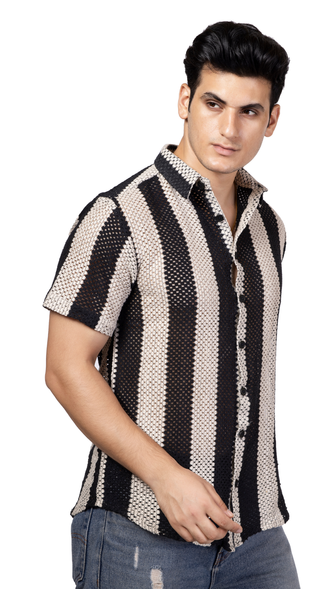 Black And White Big Stripe Half Sleeve Crochet Shirt