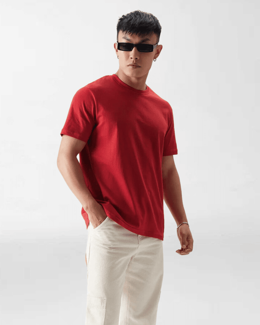 red tshirt, round neck tshirt, red round neck tshirt, regular fit tshirt